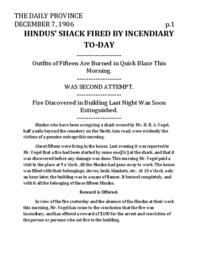 Hindus' Shack Fired by Incendiary To-Day (transcript)