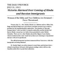 Victoria alarmed over coming of Hindu and Russian immigrants (transcript)