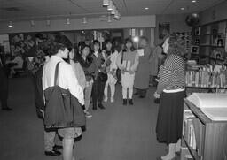 Librarian Barbara Pinkiewicz speaking to Japanese students from Seisen School.