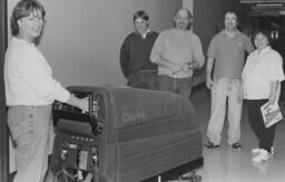 Facilities Director Carol Hardy w/ Chilliwack janitorial staff, 1997. L-R: Blair _____; Jim Strachan; Tim Labrash; Judy Neetz (?)